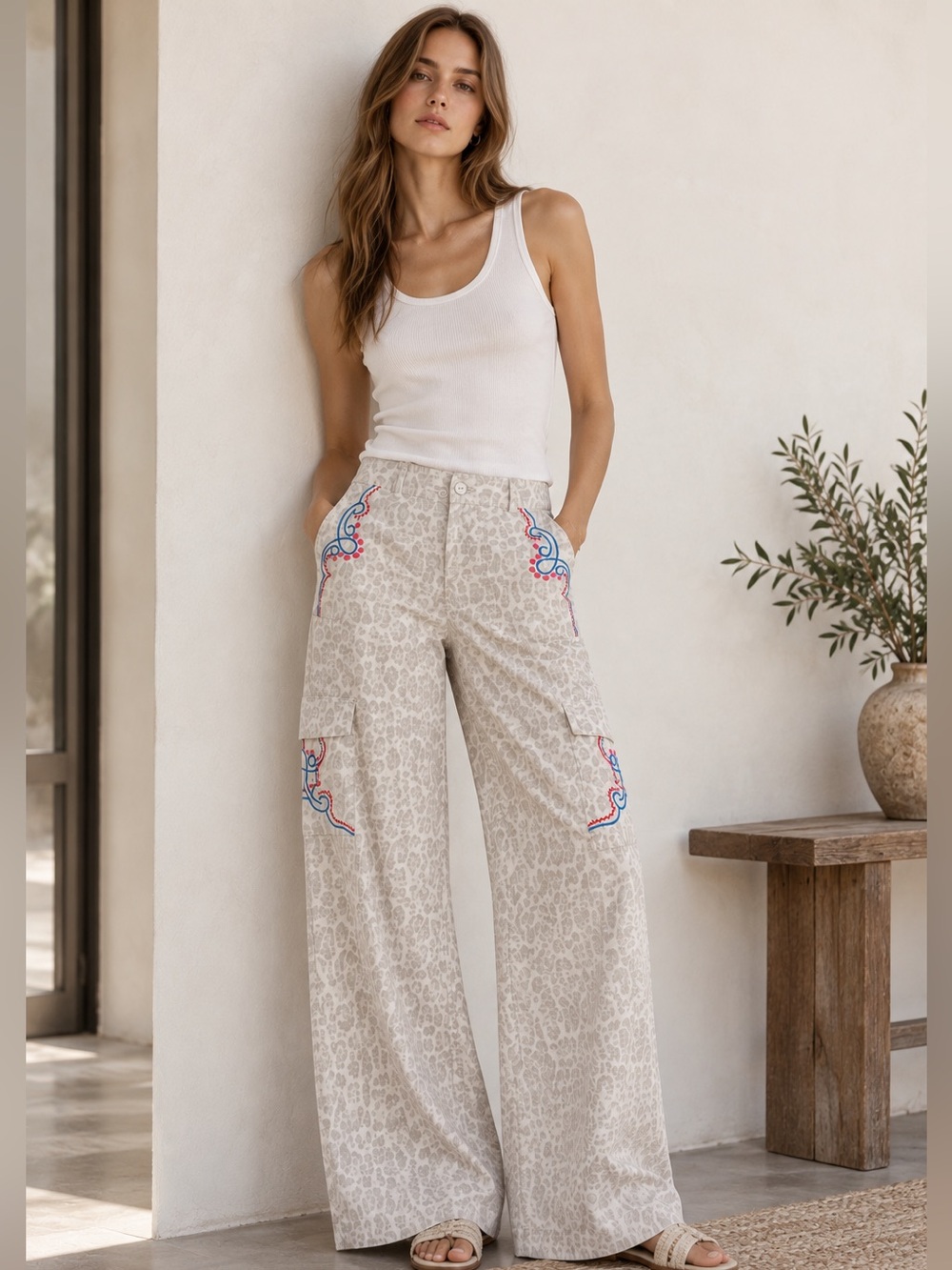 Johnny Was Dita Leopard Embroidered Cargo Wide Leg Pants S NWT Animal Print